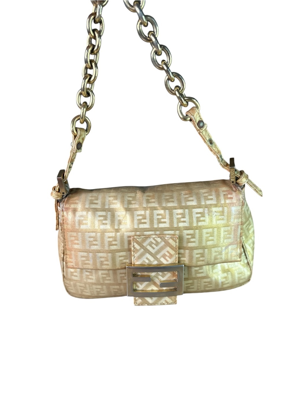 Fendi Metallic Gold Zucca Baguette Shoulder Bag with Chain Strap - Picture 2 of 12